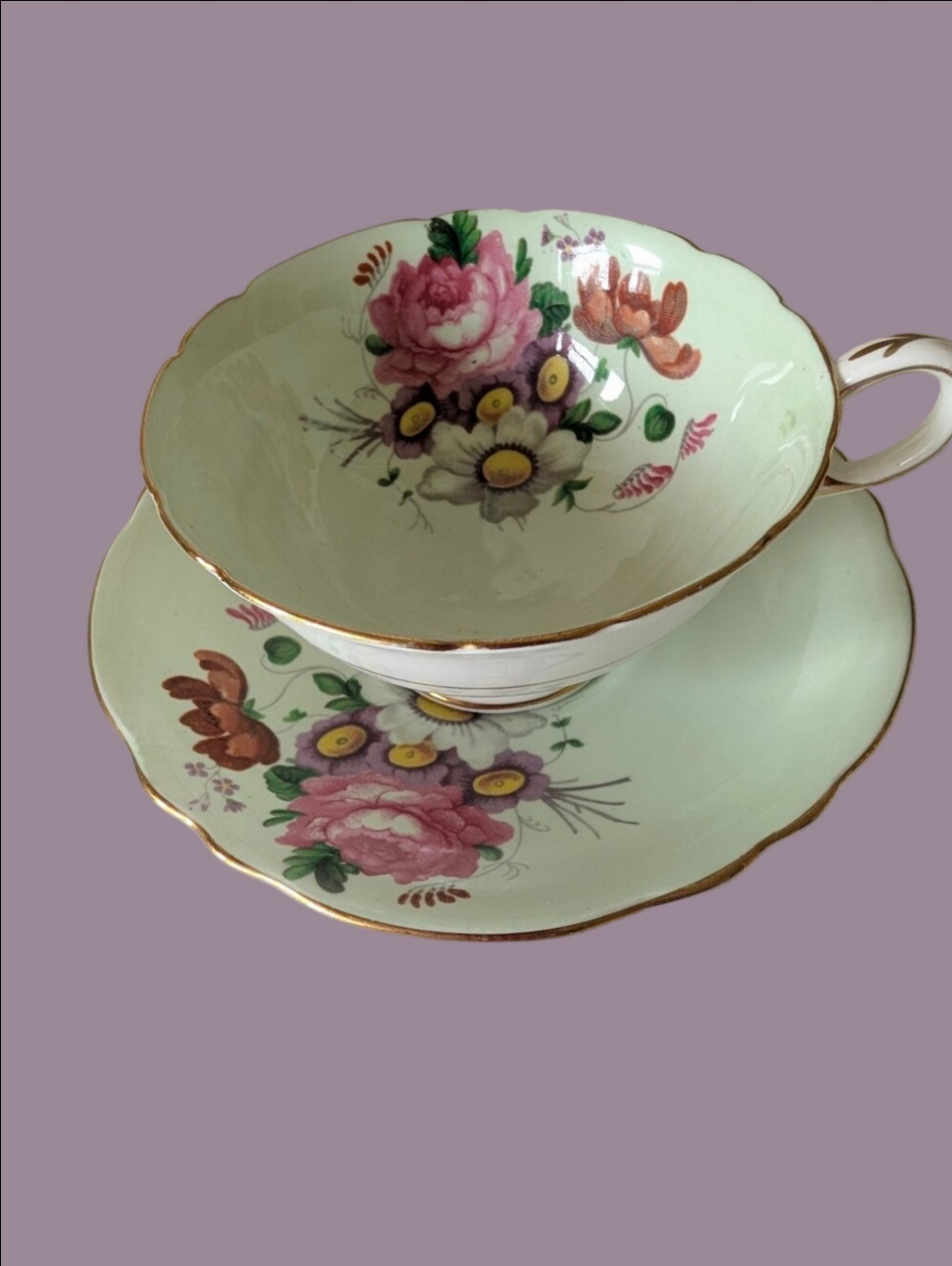 Vintage Teacup Saucer Mint Green Floral Porcelain Gold Trim Paragon English